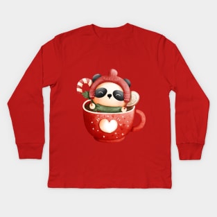 Cute Christmas Panda Bear in a Red Heart Teacup Kids Long Sleeve T-Shirt